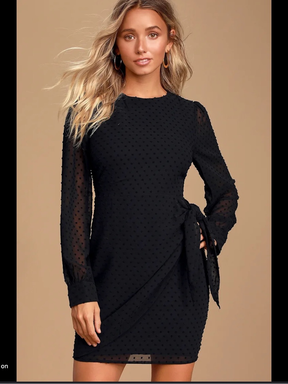 Lulu’s Much Love Black Swiss Dot Long Sleeve Tie Front Mini Dress Size Small